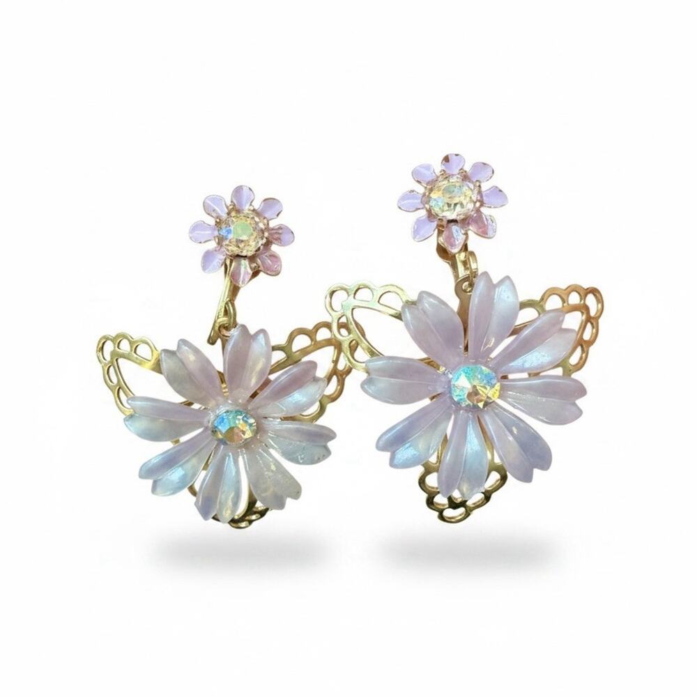 Vintage Pink Flower AB Rhinestone Gold Tone Filigree Screw Back Dangle Earrings